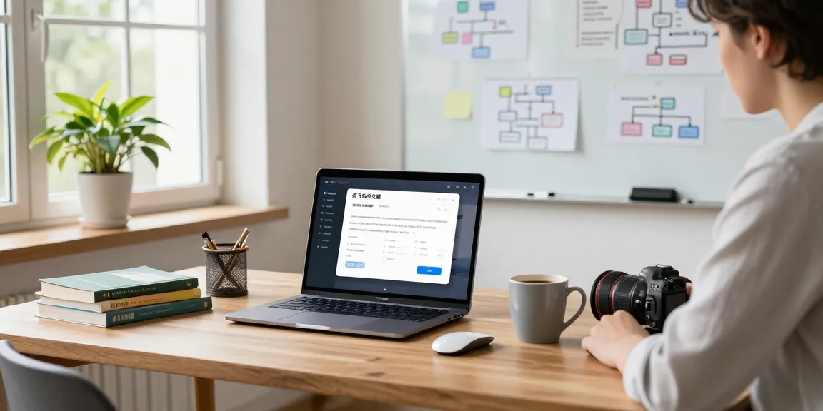 Developer using 纸飞机中文版 in a modern home office setup with tech books and brainstorming notes.