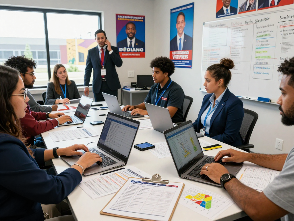 Team analyzing CTV political advertising cost in campaign headquarters with data sheets and laptops.