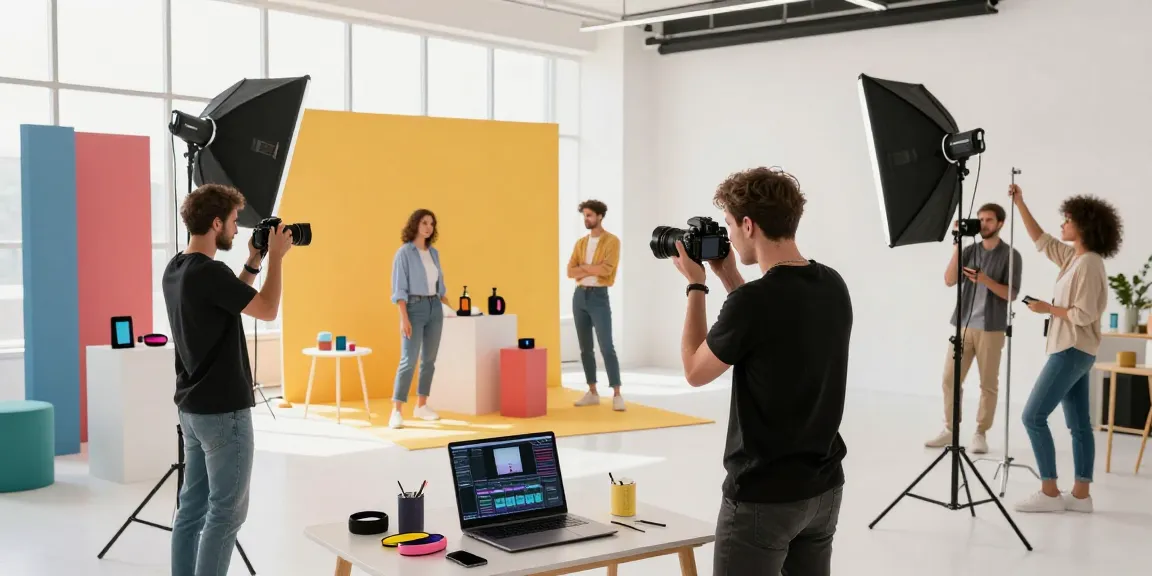 Photographe publicitaire Milano en action lors d'une séance photo créative avec équipe, éclairage professionnel et accessoires.