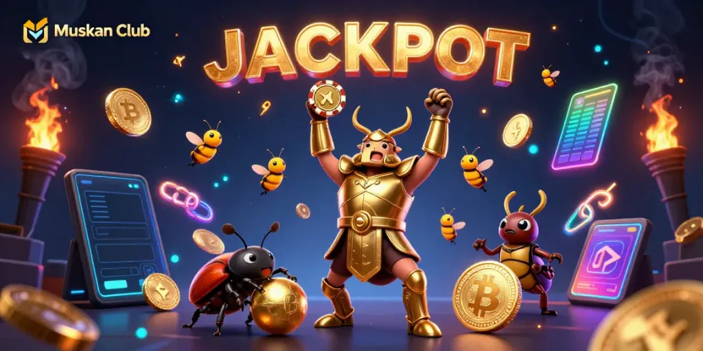 Experience the excitement of Muskan Club with a victorious beetle mascot celebrating jackpots and cryptocurrencies.