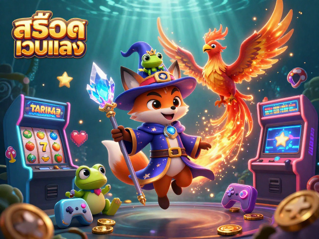 Immerse in สล็อตเว็บตรง gaming with lucky symbols, a wizard fox, and vibrant 3D casino elements.