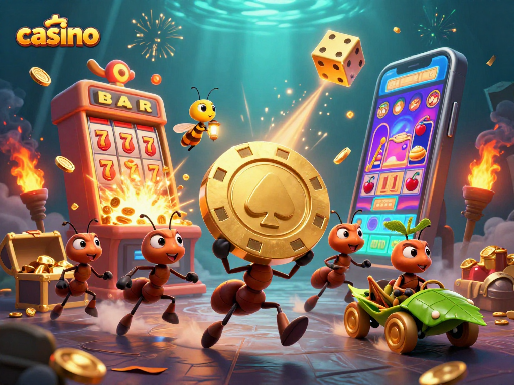 Team of cartoon ants executing a casino heist with a giant poker chip in a dynamic 3D scene.