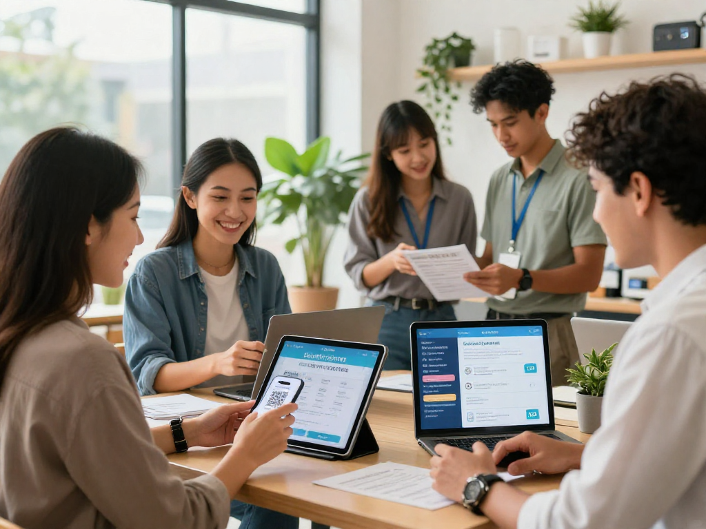 Loyalty program in action as customers engage with a digital app at a small business environment.