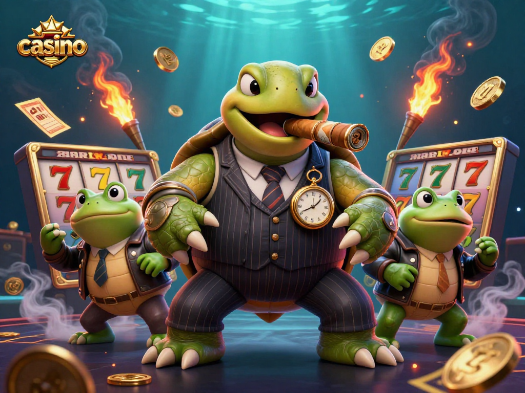 Casino scene depicting a snapping turtle mobster and bullfrog enforcers surrounded by lively slot elements.