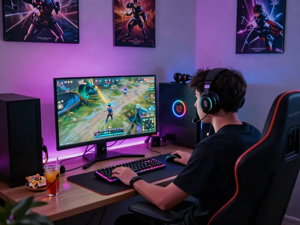 Engaging gaming scene showcasing rokok88 link alternatif with vibrant atmosphere and accessories.