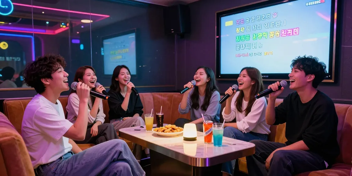 Friends enjoying 강남노래방 with lively singing, colorful decor, and drinks.