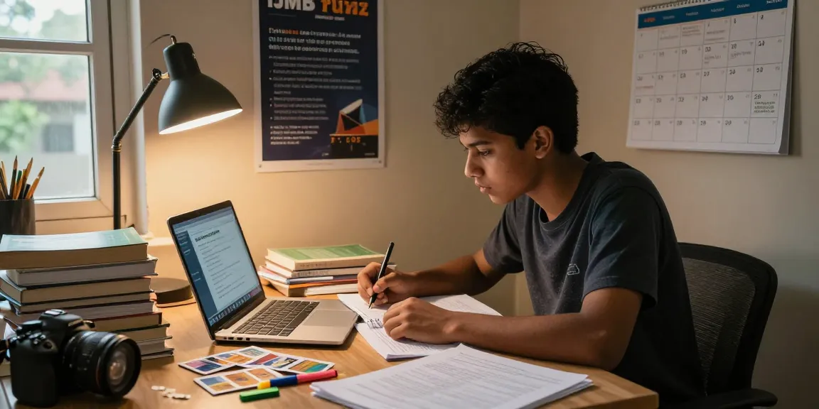 Focused student preparing for the 2026 ijmb runz in a cozy study space with books and notes.