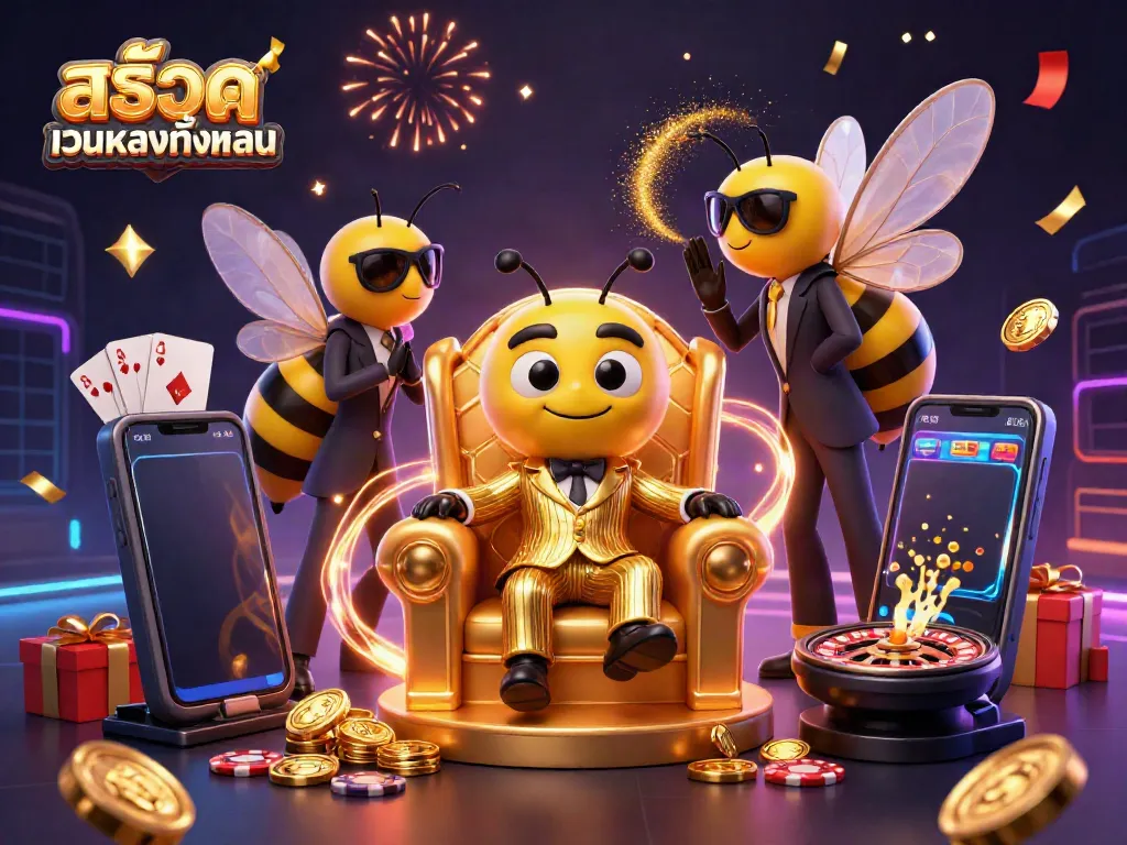 Experience the excitement of สล็อตเว็บตรงทั้งหมด with a 3D cartoon bumblebee mob boss in a vibrant casino scene.