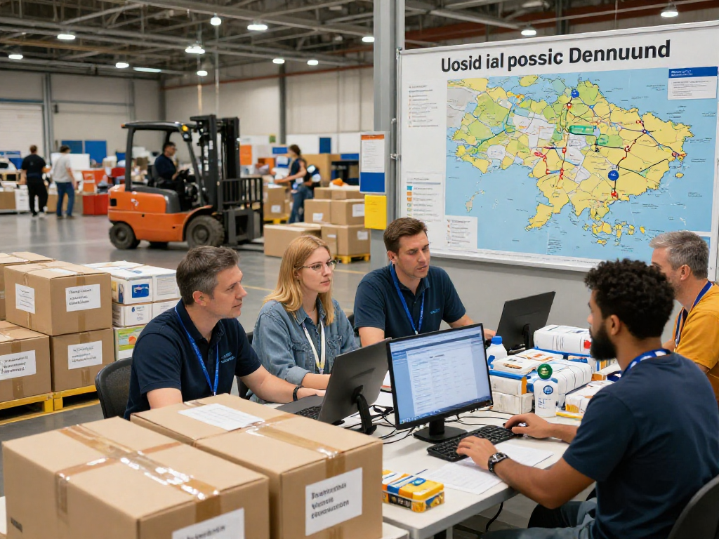 Hilfstransport von Dortmund wird effizient in einem Logistikzentrum organisiert, wo ein Team an humanitären Einsätzen arbeitet.