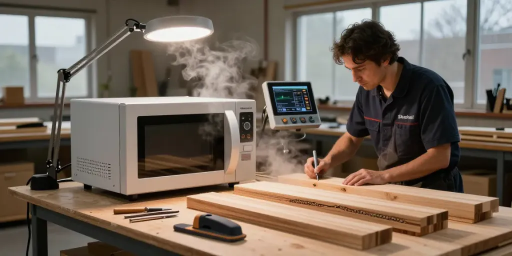 Shashel® microwave technology in action, eliminating wood-boring insects in a workshop