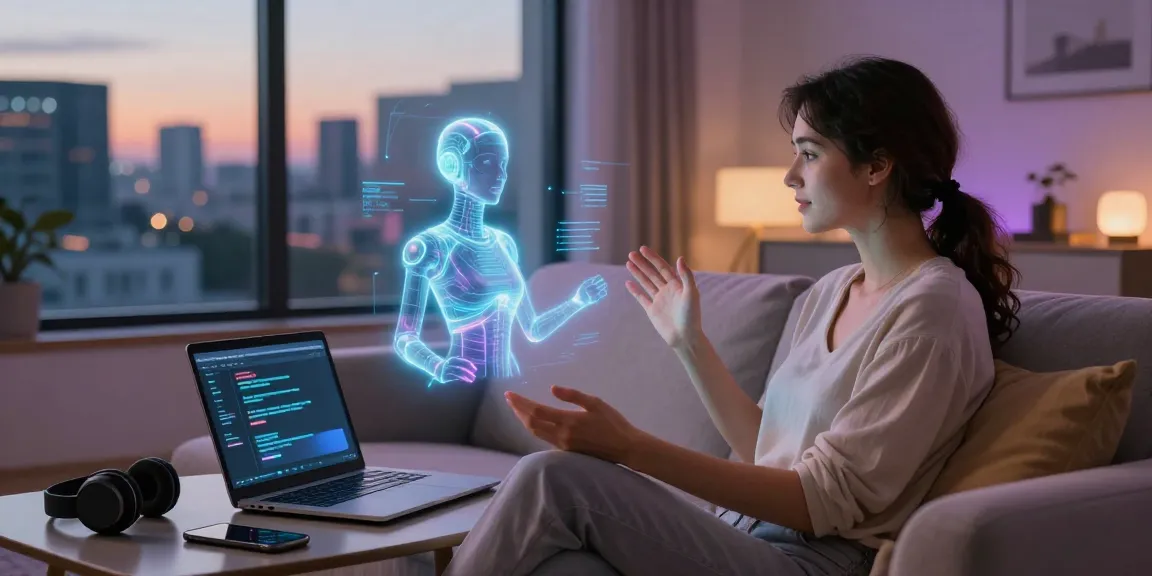 An engaging user interaction with an AI gf in a cozy, futuristic setting showcasing technology and connection.