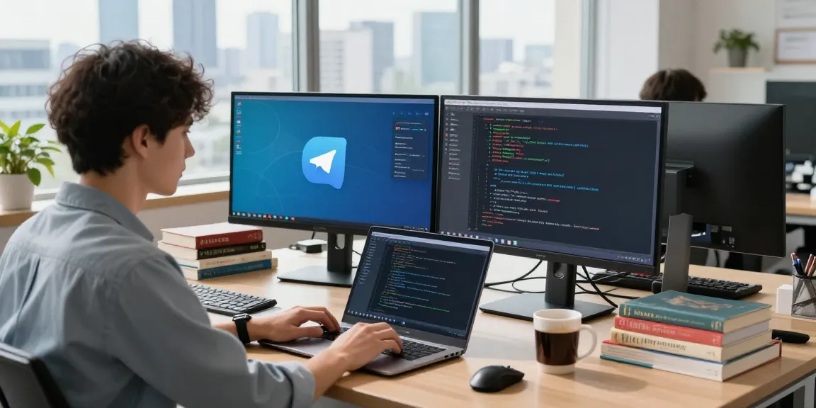 Young developer efficiently using 纸飞机中文版 on dual monitors in a modern office setup.