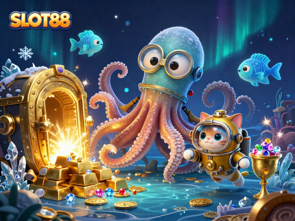 SLOT88 meraih jackpot dengan simbol keberuntungan dan gemerlap koin di lautan harta karun.