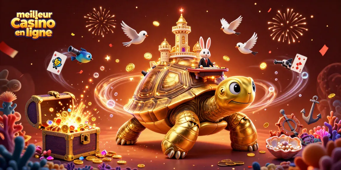 Illustration colorée représentant le meilleur casino en ligne avec une tortue géante et un croupier lapin.