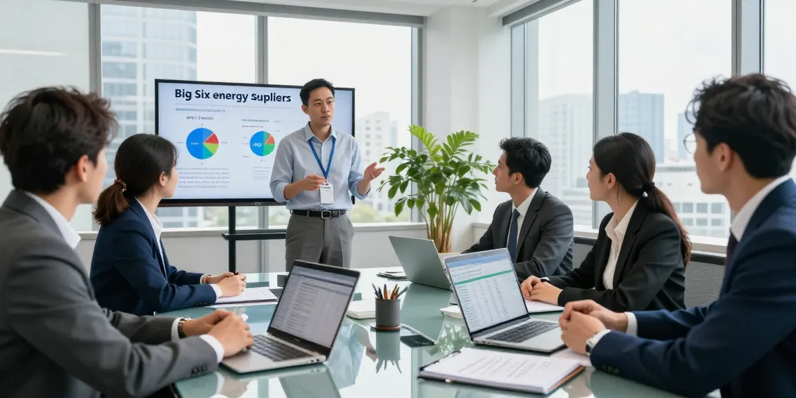 Big Six energy suppliers comparison discussion in a modern conference room with diverse team.