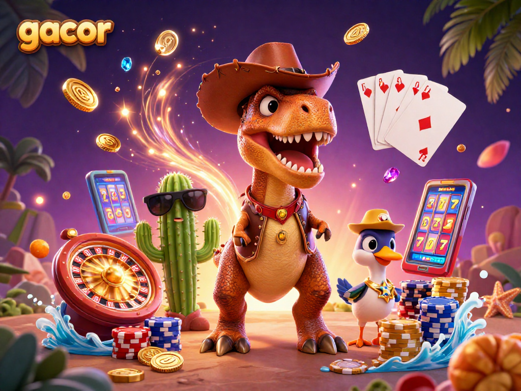 Gacor memberikan koin keemasan dan permainan slot di ilustrasi kasino penuh warna