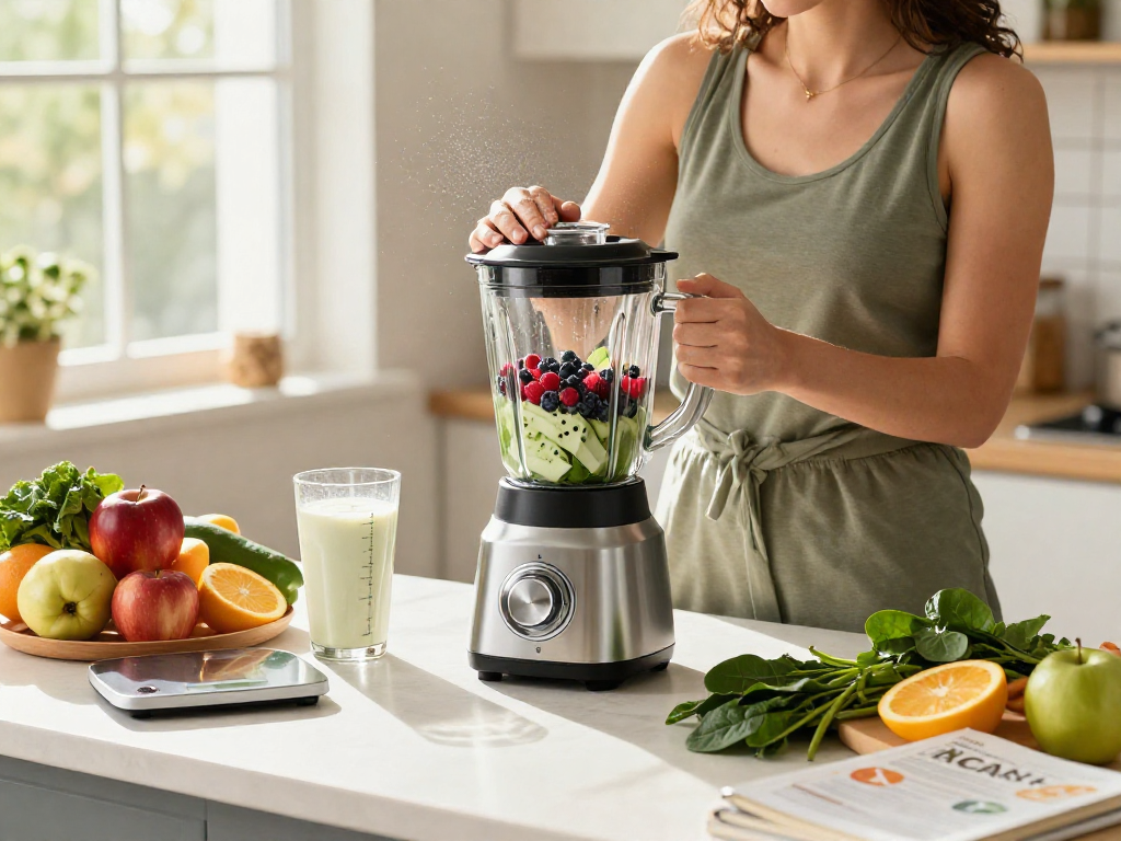 Preparing a smoothie rich in NAD+ Benefits with fresh ingredients in a bright kitchen.
