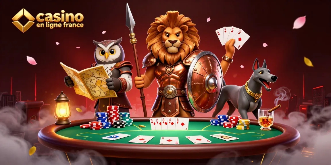 Jouez dans un casino en ligne France avec un lion spartiate, un hibou stratège et un chien rapide entourés de cartes de poker.