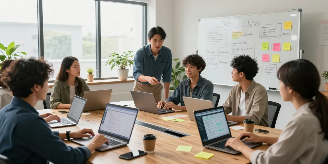 Collaborative team at an office discussing WPS下载 and AI features for improved productivity.