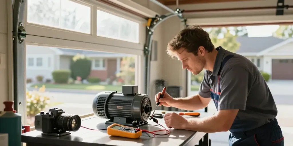 Expert garage door opener repair in progress, showcasing tools and technician