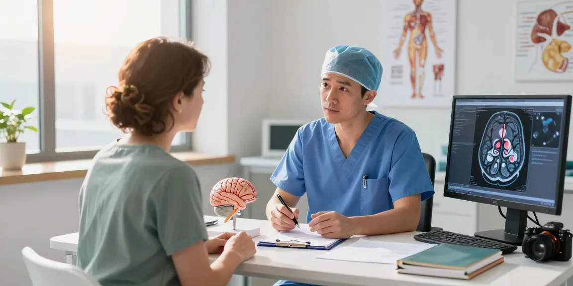 Detailed consultation about beyin tümörü ameliyatı with a neurosurgeon, showcasing anatomical models and MRI scans.