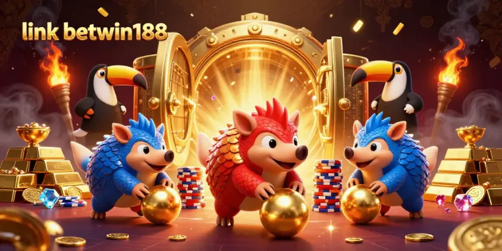 Menggulung bola emas dan cip poker oleh pangolin yang bersaing, simbol permainan link betwin188.