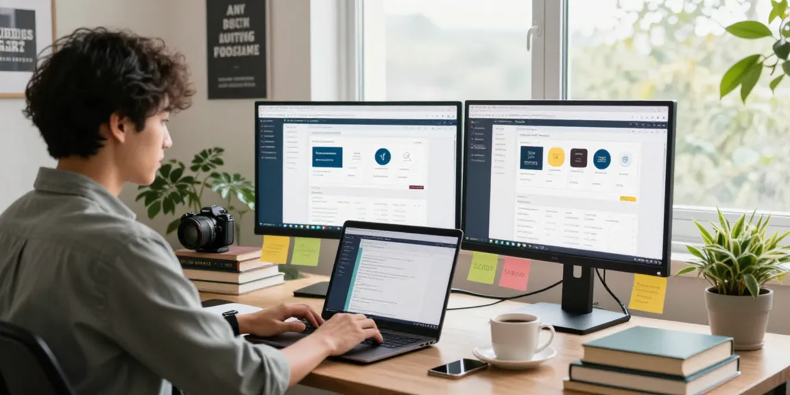 Content creator in modern office focusing on quality and authority blogs, surrounded by creative elements and natural light.