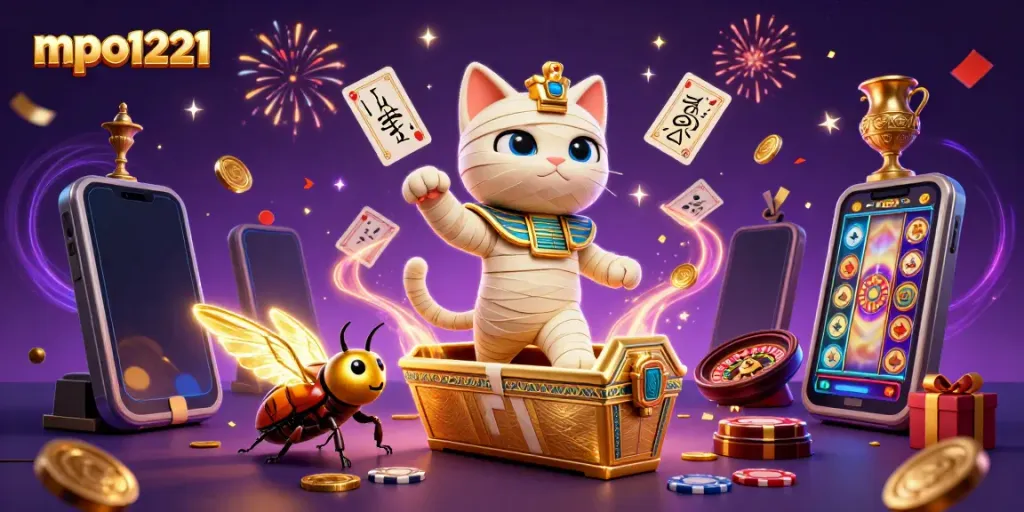 Engage with mpo1221 as a mummy cat and scarab beetle charm in a pyramid casino adventure.