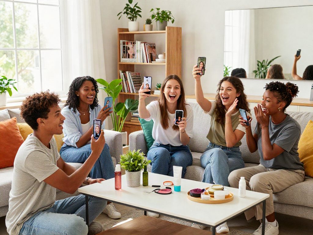 Group of friends enjoying age estimation fun with how old do i look app in bright living room.