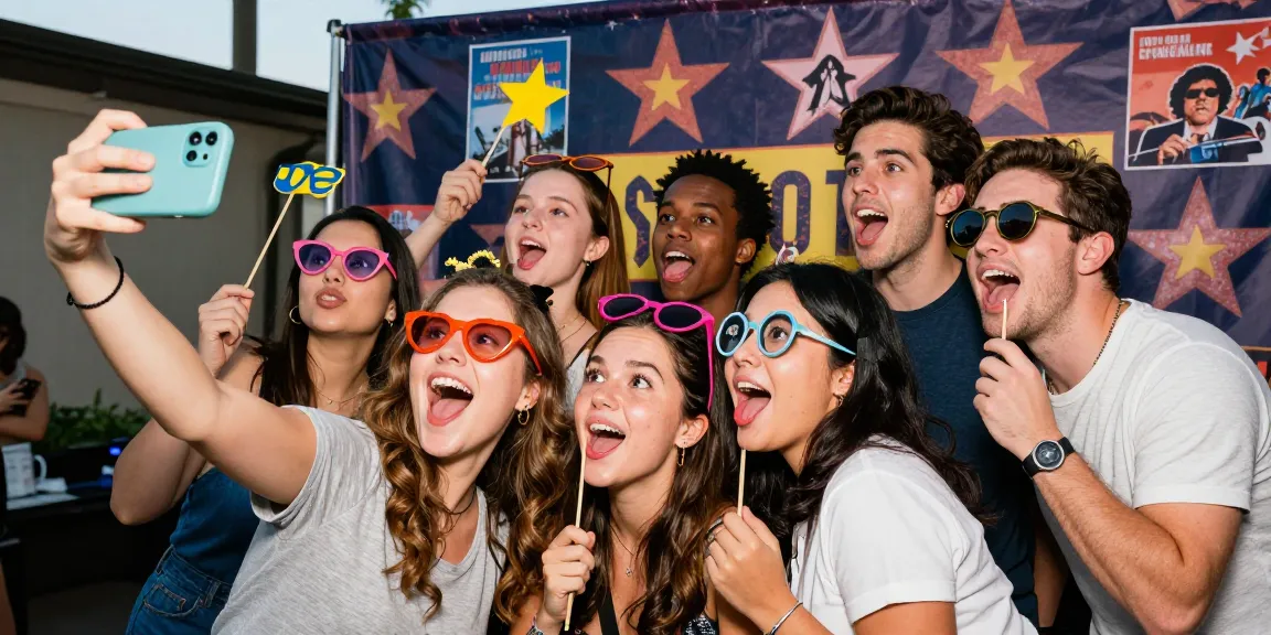 People excitedly discovering celebrities that look alike at a fun photo booth.