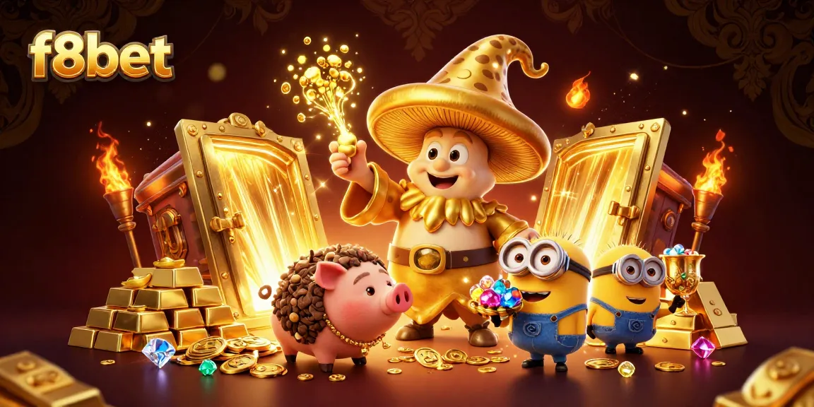Engage in luxurious gaming adventures at f8bet, featuring a vibrant scene with enchanted treasures and rich golden elements.