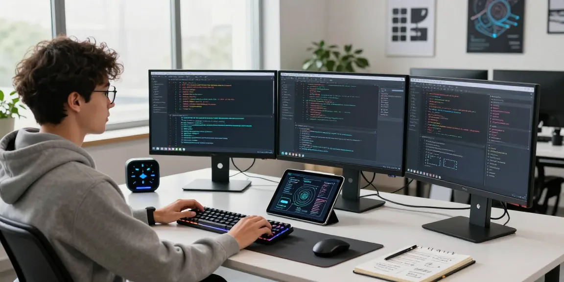 Dynamic tech workspace featuring NAGA2000 software development in action with multiple monitors and creative decor