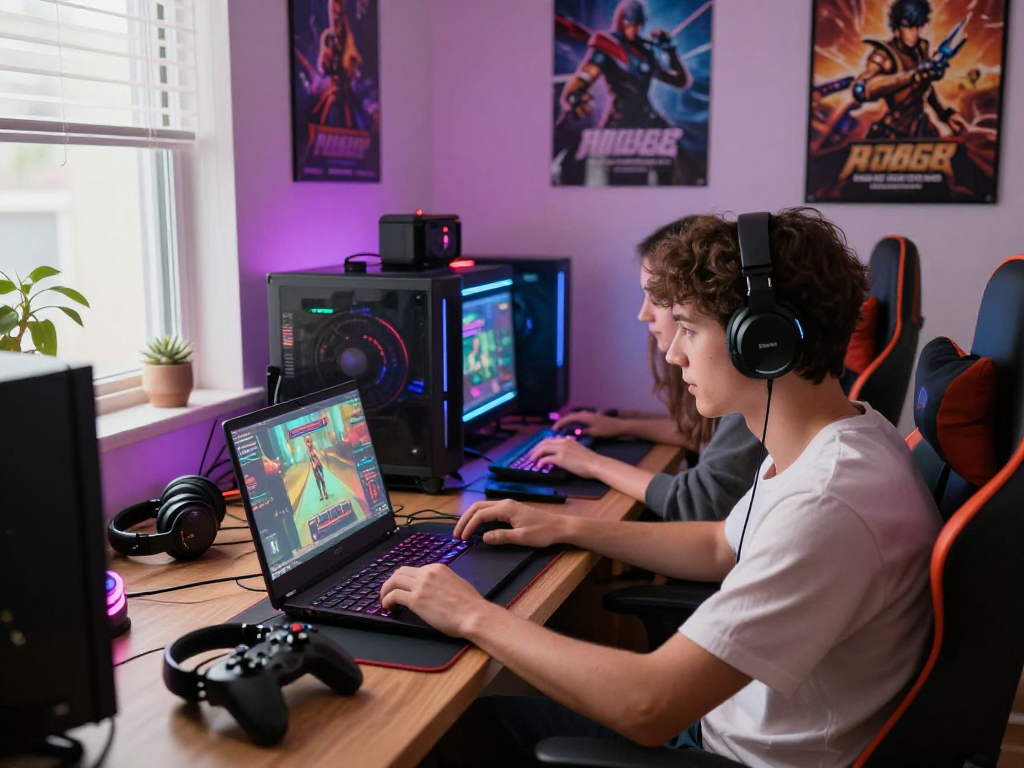 Young adults enjoying porngames in a cozy gaming setup with colorful LEDs
