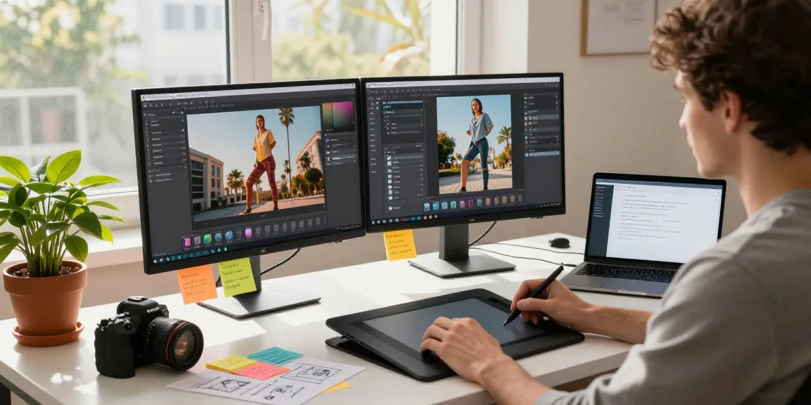 Designer using nano banana 2 AI image editor in modern workspace, showcasing AI-generated creativity and collaboration.