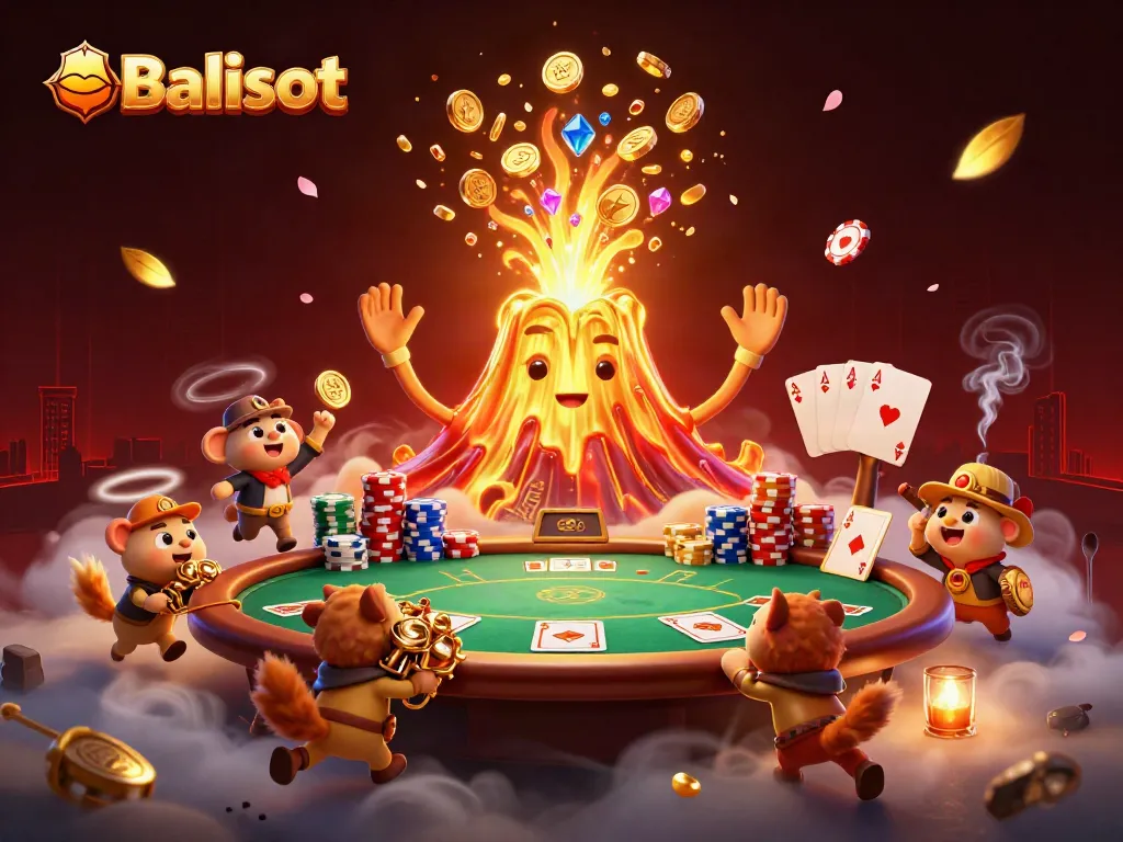 Engage with Balislot's thrilling 3D illustration showcasing a volcano of treasure amidst poker action.