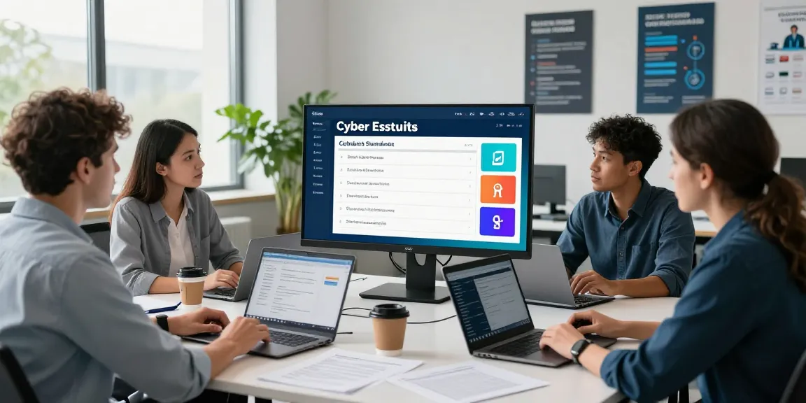 Cyber Essentials checklist in an office setting with a collaborative IT security team reviewing compliance measures for improved cybersecurity.