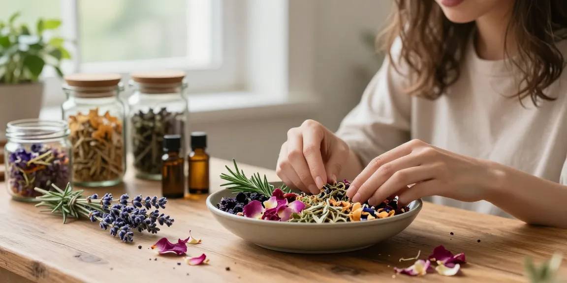 Buy premium herbal potpourri showcased in a serene indoor setting with aromatic herbs and a woman mixing blends.