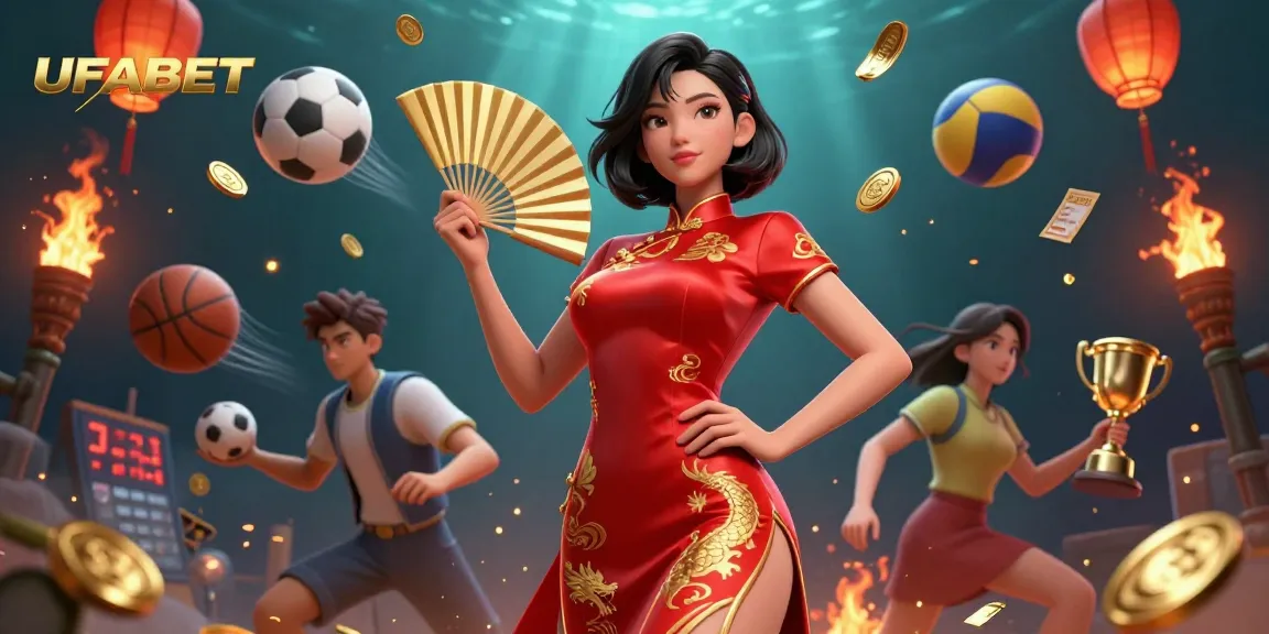 Engage with UFABET's vibrant gaming environment featuring a radiant Asian woman in a qipao amidst dynamic sports elements.