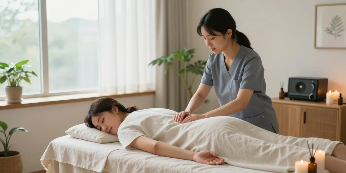 동탄출장안마 서비스 중인 젊은 마사지 치료사가 아로마 오일과 양초로 아늑한 분위기를 연출하며 고객에게 편안한 마사지를 제공하고 있습니다.