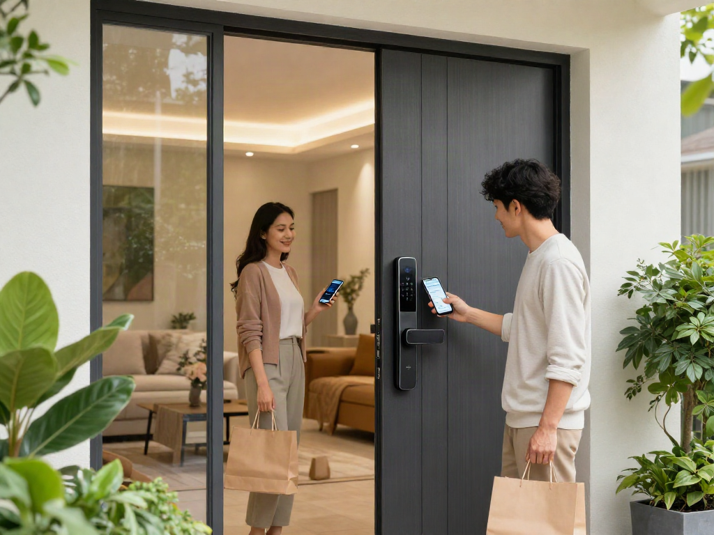 قفل هوشمند unlocking a modern home with a couple using smartphones for convenience and security.