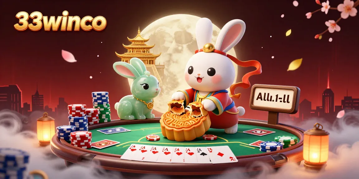 Experience the excitement of 33winco with a vibrant 3D casino scene showcasing poker elements and traditional characters.