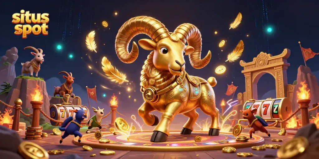 Experience the excitement of situs slot with a charging golden ram, vibrant game elements, and a thrilling casino atmosphere.
