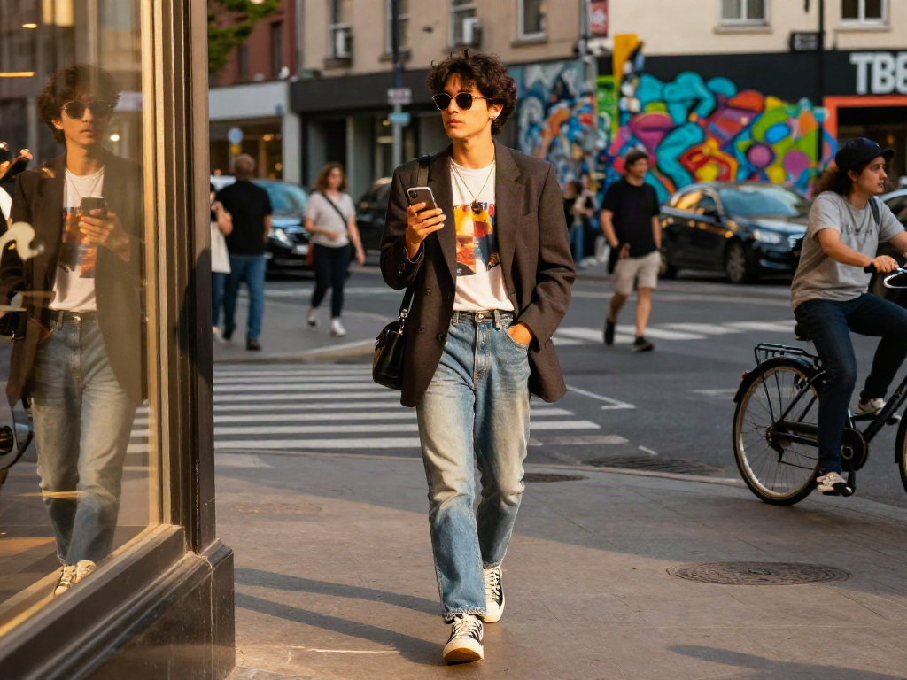 Test attractiveness with fashionable individual in urban setting, showcasing style and confidence.