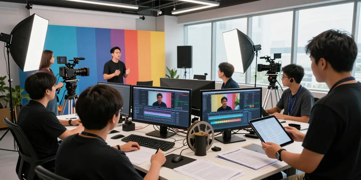 Leading Video Production House in Singapore: Creative team collaborating on a corporate video in a dynamic studio setting.