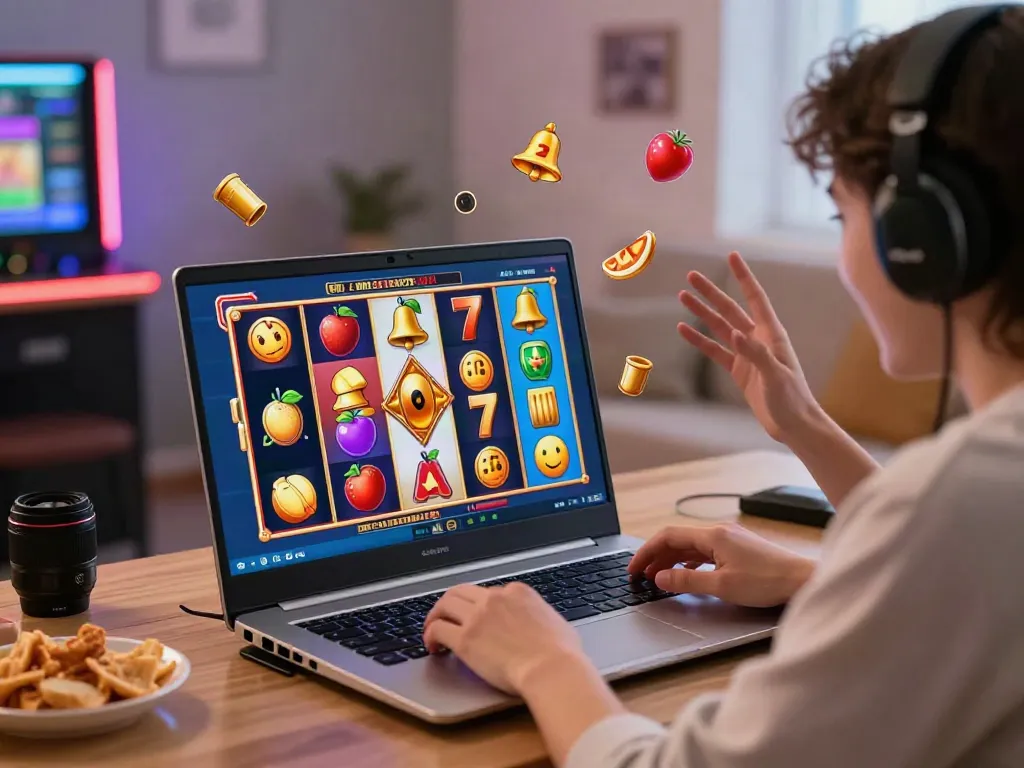 Pengalaman bermain slot777 yang menyenangkan di laptop dengan pemain bersemangat dan simbol permainan slot yang berwarna-warni.