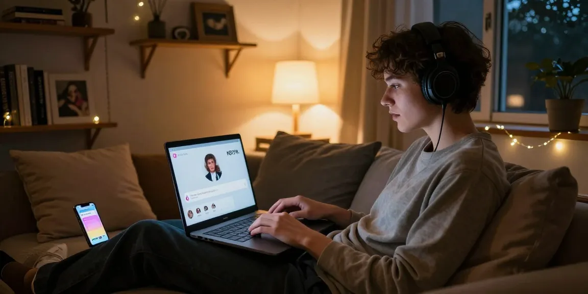 Engaging in an AI NSFW chat on a laptop in a cozy room with warm lighting.