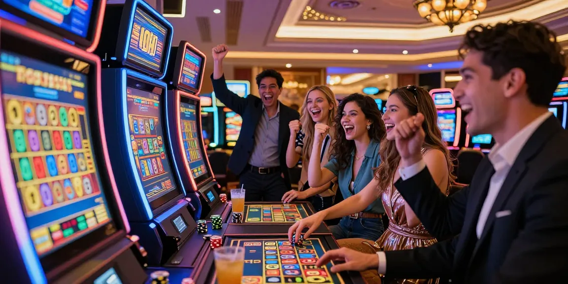 Benihtoto togel players celebrating a big win in a lively casino atmosphere.