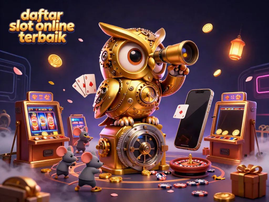 Gambarkan daftar slot online terbaik dengan burung hantu berfungsi sebagai pengawas kasino dan tikus pemutar slot di antara mesin.