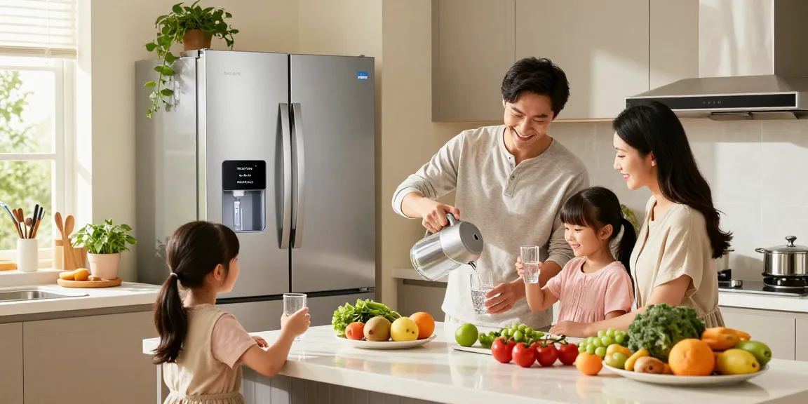 Waterdrop dw2042fr-09 water filter in a modern kitchen, family enjoying filtered water.