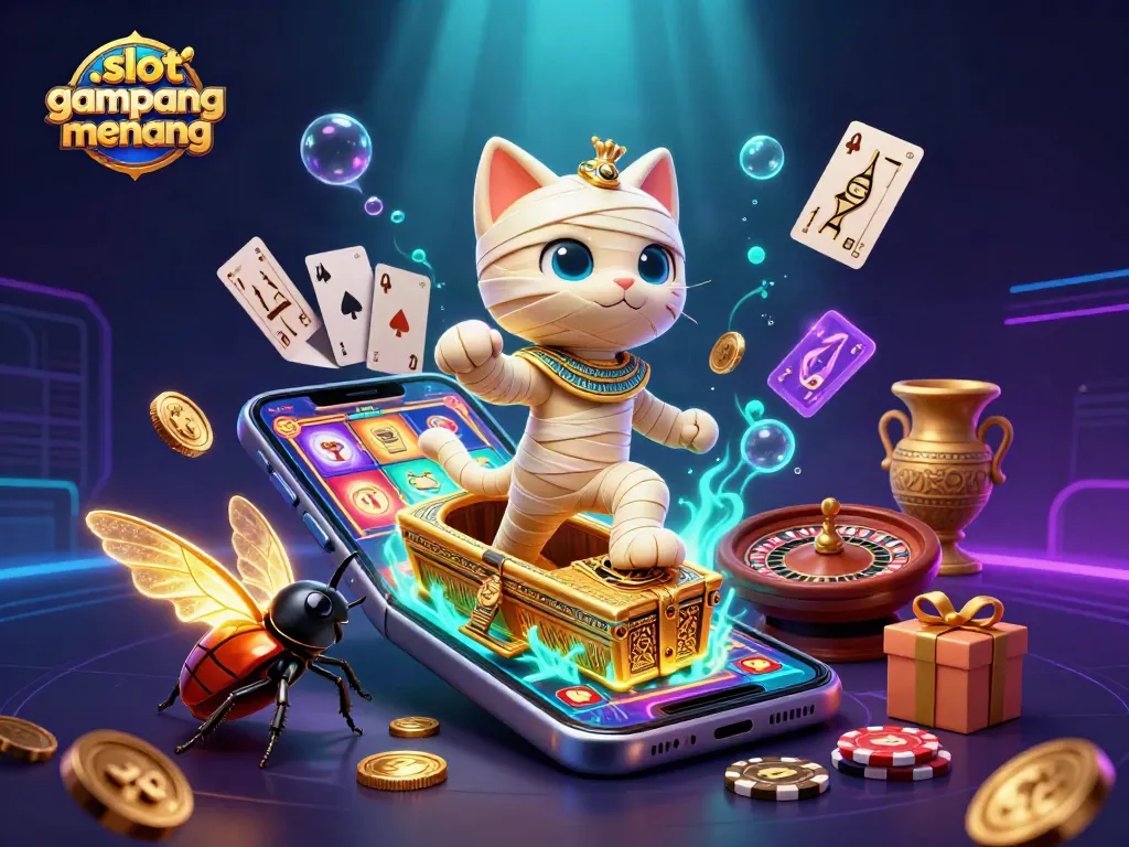 Visualisasi slot gacor gampang menang dengan mumi Kucing dan elemen kasino mengundang kemenangan.